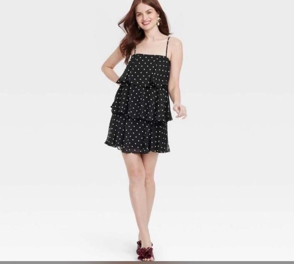 A New Day Black and White Polka Dot Tiered Ruffle Cami Mini Dress